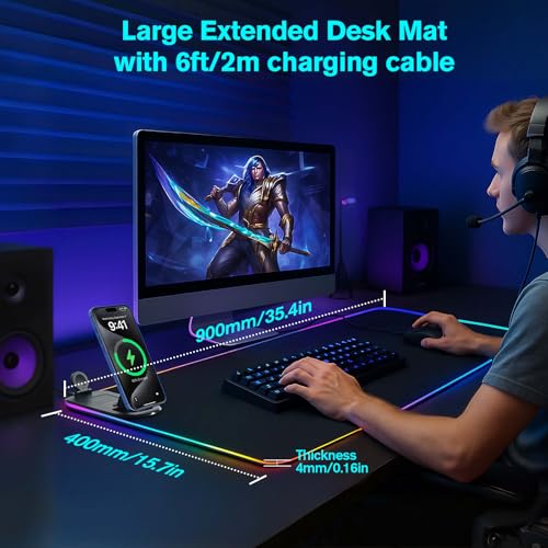 ELUTENG 4 in 1 RGB Gaming Mouse Pad with Wireless Charging Mat for Office - size: 16.7L x 5.3W inches