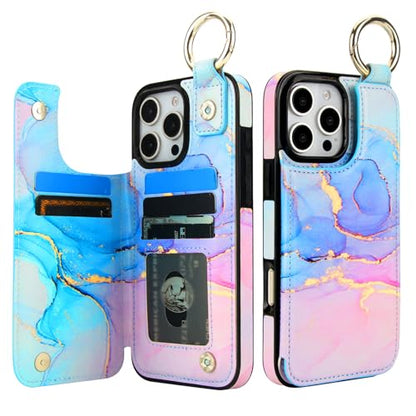 HAOPINSH for iPhone 16 Pro Max Wallet Case with Card Holder, Pink Blue Marble Print Back Flip Folio PU Leather Kickstand Card Slots Case, Finger Grip Ring Double Magnetic Clasp Shockproof 6.9" - color: Pink Blue Marble Grip Ring