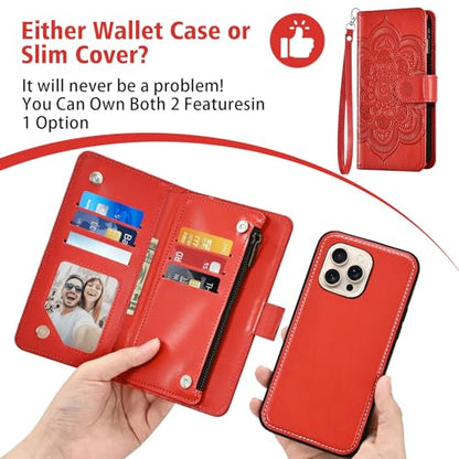 Asuwish Phone Case for iPhone 16 Pro 6.3 inch Zipper Wallet Magnetic Detachable Cell Cover with Tempered Glass Screen Protector Crossbody Lanyard Strap Flower Card Holder i Phone16 i16 16Pro Women Red - color: Red