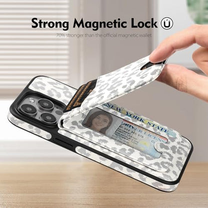 SkyEagle Compatible with MagSafe iPhone 15 Pro Wallet Case,Leopard-White - color: Leopard-White, size: iPhone 15 Pro - 6.1"