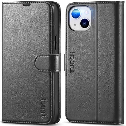 TUCCH Wallet Case for iPhone 14 Plus (6.7") 2022, 4 Card Holders, Black | RFID Blocking, Viewing Stand, Shockproof TPU Shell, PU Leather, Magnetic Closure, Protective Folio Flip Cover - color: Black