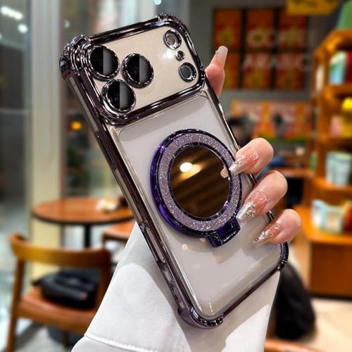 Magnetic Case for iPhone 17 Pro Max Clear with Shiny Invisible Kickstand Ring Makeup Mirror Luxury Plating Soft TPU Four Corners Air Cushion Shockproof Protective Phone Cover 6.9", Purple - color: Purple, size: For iPhone 17 Pro Max 6.9"