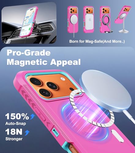 for iPhone 17 Pro Max Case with Belt Clip Holster,[Compatible with MagSafe] w/Screen Protector,Anti-Drop Shockproof Heavy Duty Protective Rugged Magnetic Phone Cover,with 360°Rotating Kickstand (Pink - color: Pink