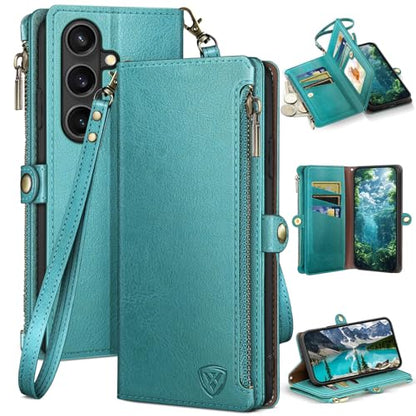 XcaseBar Compatible with ‌Samsung Galaxy S26 Wallet case with Zipper Credit Card Holder【RFID Blocking】,Flip Folio Book PU Phone case Shockproof Cover Women Men for Samsung S26 case Blue Green - color: Blue Green, size: Samsung Galaxy S26