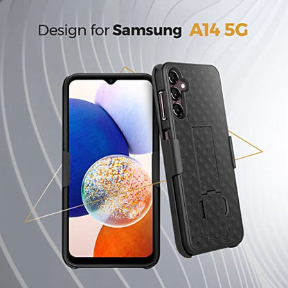 MOTIVE for Samsung Galaxy A14 Case with Belt Clip, Rigid, Kickstand | 6.6" | Ranger v1 Series, Black, 360° holster, open-top/open-bottom port access, textured grip, slim design - size: A14