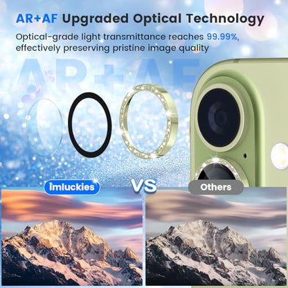 imluckies Glitter Camera Lens Protector for iPhone 17 6.3", [AR+AF] HD Clear Tempered Glass Lens Cover, 9H Scratch Resistant Individual Metal Shiny Ring, Case Friendly & Easy Install, Bling Green - color: Bling Green