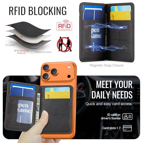 Strapurs Strong Magnetic Wallet Card Holder for MagSafe Phones and Cases, Slim PU Leather Detachable Phone Wallet with 6 Card Slots RFID Blocking for iPhone 17/16/15/14/13/12/Pro/Max/Plus – RetroBlack - color: Retro Black