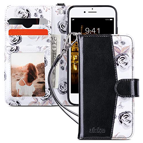 ULAK for iPhone SE 3(2022)/SE(2020)/8/7 Wallet Case Card Holder, Black | Premium PU Leather Flip Case with Kickstand Card Slots [RFID Blocking] Wrist Strap, Durable Shockproof Cover 4.7 Inch - color: Black