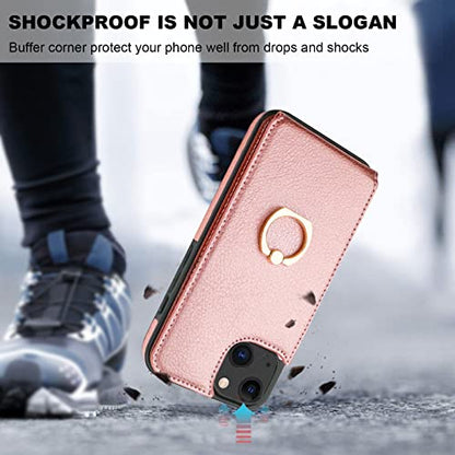Folosu Compatible with iPhone 14 Case Wallet with Card Holder, 360°Rotation Finger Ring Holder Kickstand, RFID Blocking Leather Protective Double Buttons Shockproof Cover 6.1 Inch Rose Gold - color: Rose Gold, size: iPhone 14