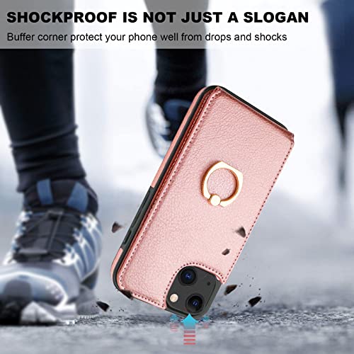 Folosu Compatible with iPhone 13 Case Wallet with Card Holder, 360°Rotation Finger Ring Holder Kickstand Protective RFID Blocking PU Leather Double Buttons Flip Shockproof Cover 6.1 Inch Rose Gold - color: Rose Gold