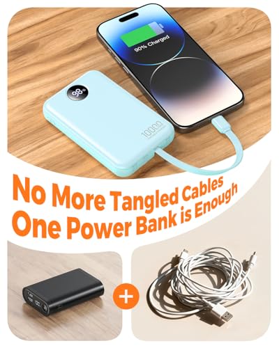 Portable Charger 10000mAh Power Bank with 4 Built-in Cables,LED Display Compact and Battery Pack with Multiple USB Ports All-in-One Travel Charger for iPhone,Android and Other Devices-Sky Blue