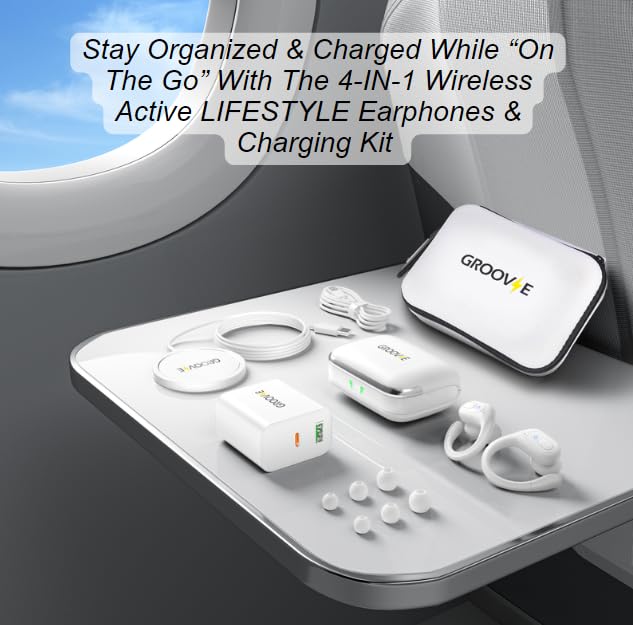 Groove Wireless Bluetooth Earbuds Over Ear Electronics | 4-in-1 Kit | Includes (2) Ear Buds (1) Rechargeable Case with Cable (1) Wireless Charging Pad for Mobile Phone (1) Travel Bag | Travel Kit - color: White