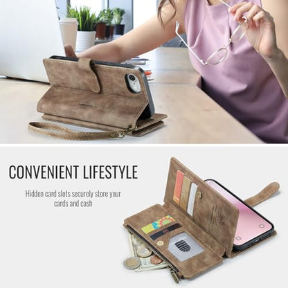 Compatible with iPhone 16e/17e Wallet Case,with Card Holder Kickstand Magnetic Zipper Pocket Lanyard Strap Wristlet,Leather Flip Case Wallet for iPhone 16e/17e 6.1 Inch(Brown) - color: Brown, size: iPhone 16E/17E 6.1 Inch
