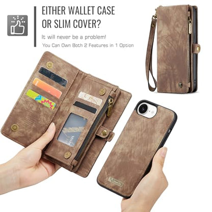 Compatible with iPhone 17E/16E Wallet Case with Magsafe,Brown | Magnetic Detachable Case,Card Holder,Zipper Pocket,Strap Wristlet, Soft Leather Drop-Proof Phone Case for iPhone 17E/16E - color: (Detachable and Magsafe)-Brown, size: iPhone 16E/17E 6.1 Inch