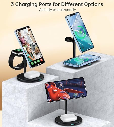 3 in 1 Wireless Charging Station for Apple Devices, Standard 15W Fast Wireless Mag-Safe Charger Stand with 20W Adapter for iPhone 15 14 13 12 Pro Max/Plus/Pro/Mini,iWatch Ultra 1,2 Series 9, AirPods - color: Black