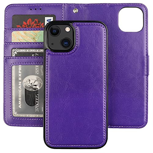 Bocasal Detachable Wallet Case Card Holder for iPhone 13, Purple | RFID Blocking Kickstand Card Slots Holder PU Leather Magnetic Shockproof Wrist Strap Removable Flip Protective Cover 6.1 inch - color: Purple