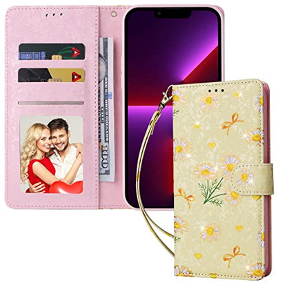 UEEBAI Wallet Case for Samsung Galaxy S22 5G, PU Leather Phone Case Kickstand RFID Blocking Flip Case Card Slots Wrist Strap Relief Engraved Pattern Magnetic Closure Flower Folio Case, Yellow Daisy - color: Yellow Daisy, size: Samsung Galaxy S22 5G