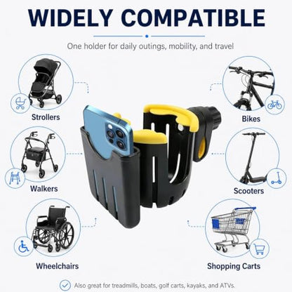 2 in 1 Universal Cup Holder with Phone Mount Tool-Free Clamp On for Stroller Walker Wheelchair Bike Scooter 360 Degree Rotatable Yellow - color: Yellow