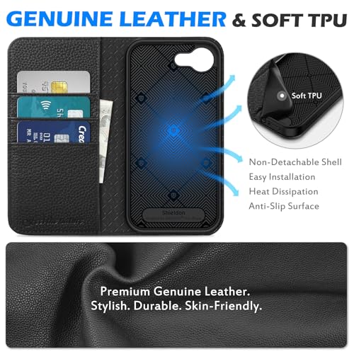 SHIELDON Real Leather Case Wallet for iPhone 17e/16e 6.1", Pebbled Black | Flip Magnetic Cover, Kickstand, RFID Blocking, 3 Credit Card Holder, Book Design, Shockproof, Soft Inner Phone Case - color: Pebbled - Black