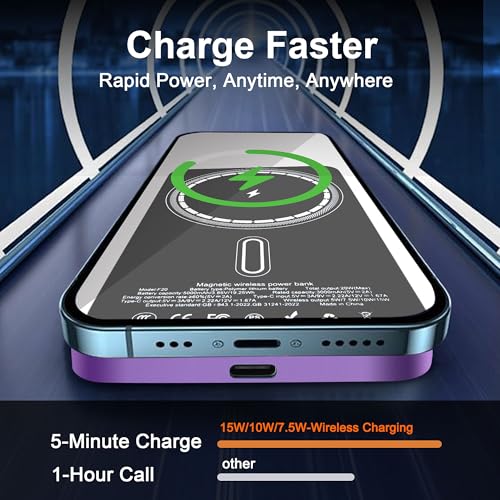 Magnetic Portable Charger 5000mAh, 15W Ultra Slim Wireless Portable Charger, Fast Charging for iPhone 17/16/15/14/13/12 Pro/Pro Max/Plus, Metal Shell, USB-C Cable to Charge Other Phones (Purple) - color: Purple