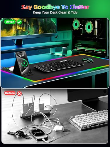 Mouse Pad with Wireless Charger Foldable Phone Holder, XXL RGB Gaming Mousepad 31.5"x15.8" Large Desk Mat for Keyboard, Black Desk Pad with Dual Qi Charging Station, 11 Colors 5 Modes - color: Black-Phone Holder-31.5"x15.8"(with Wall Charger)