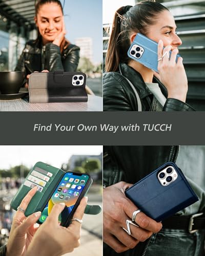 TUCCH Wallet Case for iPhone 14 Pro (6.1") 2022, 4 Card Slots, Blue & Brown | RFID Blocking, Viewing Stand, Shockproof TPU Shell, PU Leather, Magnetic Closure, Protective Folio Flip Cover - color: Two Colors - Dark Blue & Brown