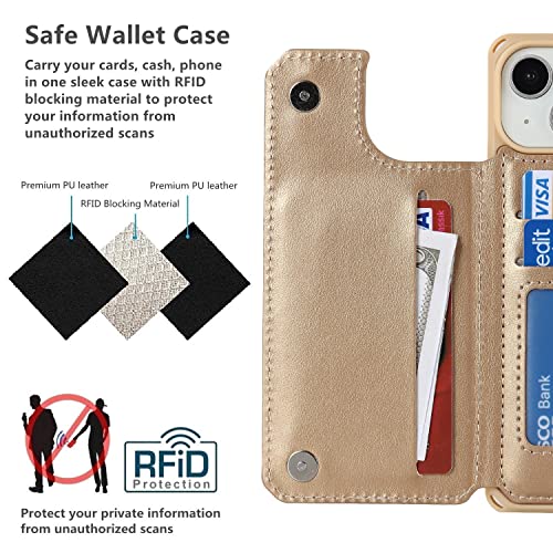 iCoverCase Compatible with iPhone 14 Wallet Phone Case with Card Holder for Women, RFID Blocking Embossed PU Leather Wrist Strap Case 6.1 Inch (Macaron Gold) - color: P-Gold