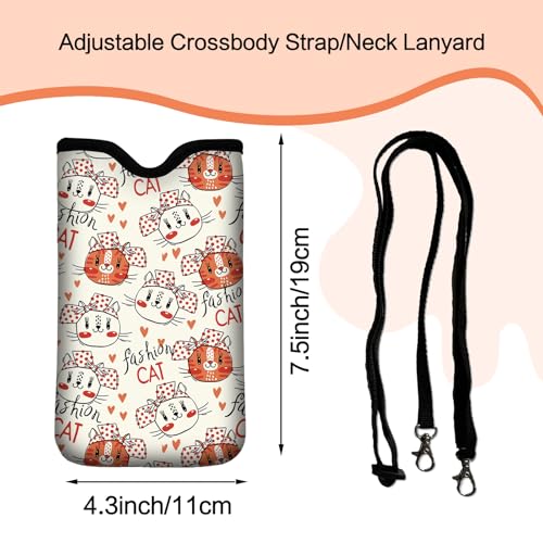 Men Women Neoprene Cell Phone Sleeve Pouch Case Bag with Crossbody Strap/Neck Lanyard 7.5 X 4.3 in (Cute Bowtie Cat Print Pattern) - color: Cute Bowtie Cat Print Pattern