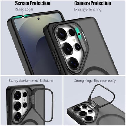 Nvollnoe for Samsung S25 Ultra Case Compatible with MagSafe Military Grade Shockproof Heavy Duty Protective Adjustable Kickstand Matte Semi Clear Phone Cover for Samsung S25 Ultra(Black) - color: Black