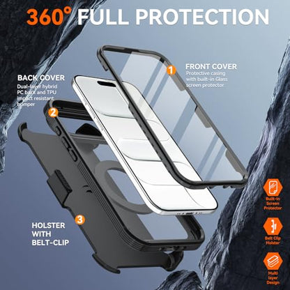 Magnetic for iPhone Air Case, Compatible with MagSafe, Full Body Rugged Case with Built-in Screen Protector & Kickstand & Belt-Clip (Black) - color: Black