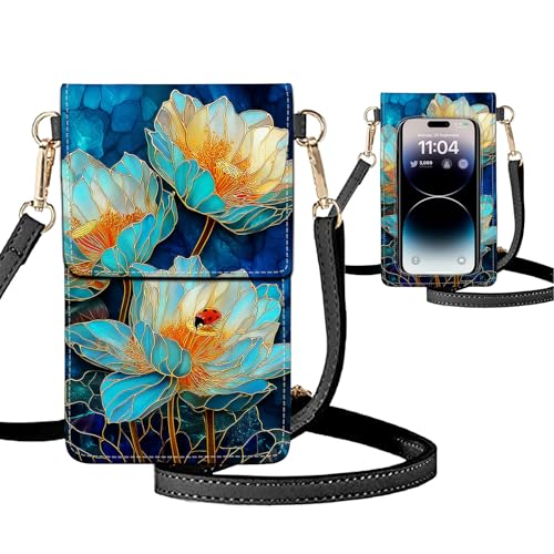 Small Crossbody Bags for Women Touchscreen Cell Phone Bag Cross Body Purses with adjustable Strap,Gifts For Teenage Girls - color: Lotus Flower & Ladybug