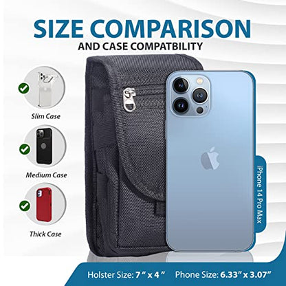 Nylon Multi-Functional Phone Pouch for Outdoor, Work, Travel, Cell Phone Holster Case with Belt Clip, Belt Holder fit for iPhone 17 Pro Max 16/15/14/13 Pro Max Samsung Galaxy S25 Ultra (Black)