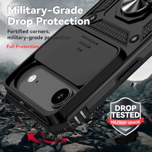for iPhone Air Case, with Slide Camera Cover HD Screen Protector [Military Grade 16ft. Drop Tested] Ring Holder Kickstand Protective Phone Case for Apple iPhone Air 2025, Black - color: Black w/ Slide Camera 2nd gen. Military Grade