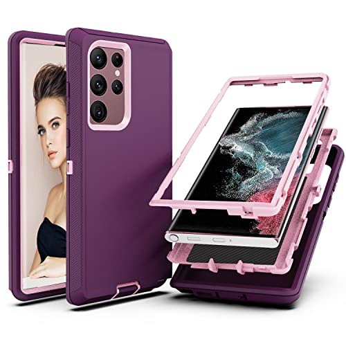 YmhxcY for S22 Ultra Case, Drop Proof 3-Layer Durable Cover/Shockproof Armor Drop Protection/Solid Rubber Protective Matte Cover for Galaxy S22 Ultra 6.8”-Fuchsia/Pink - color: Fuchsia and Pink