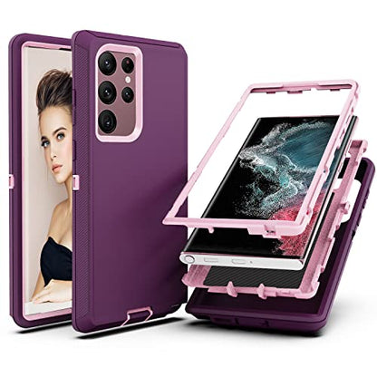 YmhxcY for S22 Ultra Case, Drop Proof 3-Layer Durable Cover/Shockproof Armor Drop Protection/Solid Rubber Protective Matte Cover for Galaxy S22 Ultra 6.8”-Fuchsia/Pink - color: Fuchsia and Pink