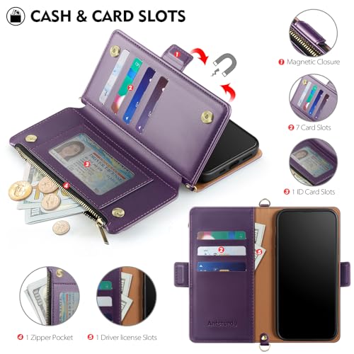Antsturdy Crossbody Phone Wallet Case for iPhone 14 Plus,Purple | RFID Blocking,PU Leather Flip Cover,Kickstand,with Credit Card Holder,Wrist Strap Lanyard & Handbag Purse,for Women & Men - color: (Crossbody) - Purple