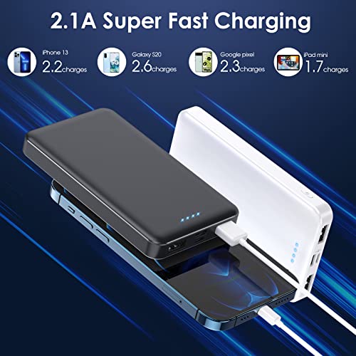 [2 Pack] Portable Charger Power Bank 10000mAh,Ultra Slim Compact External Battery Pack with USB C Input & Dual USB Outputs Backup Charger Compatible with iPhone 13,12, Samsung S20,Tablet -Black+White - color: Black+White