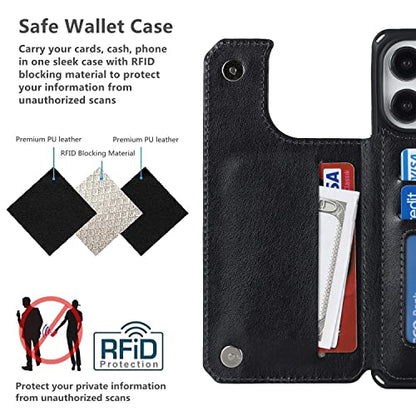 iCoverCase Compatible with iPhone 14 Pro Max Wallet Phone Case with Card Holder for Women, RFID Blocking Embossed PU Leather Wrist Strap Case 6.7 Inch (Macaron Black) - color: P-Black