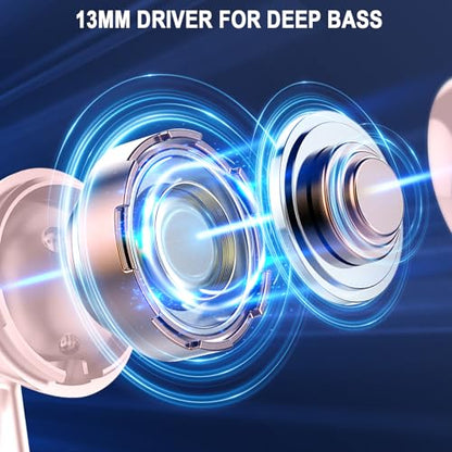 Jxrev Wireless Bluetooth 5.4 Earbuds, 6D Stereo Ear Buds, LED Power Display - color: peach pink