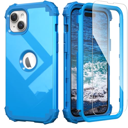 IDweel for iPhone 15 Case with Screen Protector for Women,Luxury 3 in 1 Shockproof Slim Fit Hybrid Heavy Duty Hard PC Cover Soft Silicone Bumper Full Body Anti-Fingerprint Case,Sky Blue - color: Glitter Sky Blue
