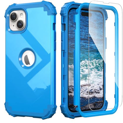 IDweel for iPhone 15 Case with Screen Protector for Women,Luxury 3 in 1 Shockproof Slim Fit Hybrid Heavy Duty Hard PC Cover Soft Silicone Bumper Full Body Anti-Fingerprint Case,Sky Blue - color: Glitter Sky Blue