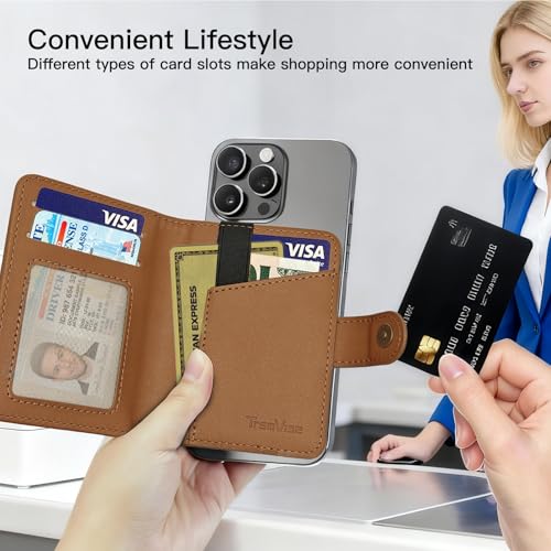for MagSafe Wallet Magnetic Card Holder for MagSafe Phones and Cases,Strong Magnetic Wallet for iphone 12-17 Series,RFID Blocking Phone Wallets Hold 5 Cards,Strap Stand,Leather Brown - color: Brown