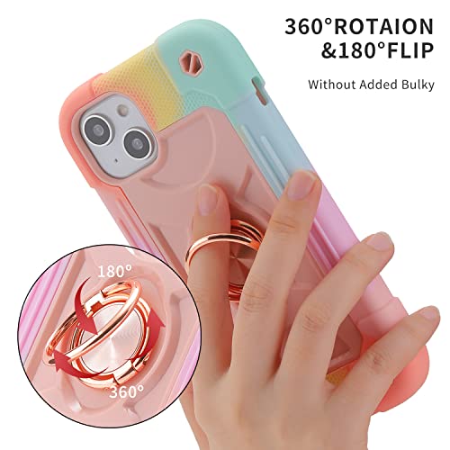 MARKILL Compatible with iPhone 14 Plus Case 6.7 Inch with 360 Degree Rotate Ring Stand, Military Grade Drop Protection Full Body Rugged Heavy Duty Protective Cover for iPhone 14 Plus - color: Rainbow Pink, size: iPhone 14 Plus 6.7"