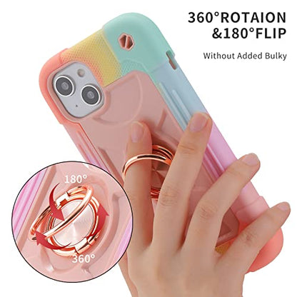 MARKILL Compatible with iPhone 14 Plus Case 6.7 Inch with 360 Degree Rotate Ring Stand, Military Grade Drop Protection Full Body Rugged Heavy Duty Protective Cover for iPhone 14 Plus - color: Rainbow Pink, size: iPhone 14 Plus 6.7"