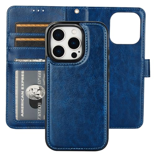 Bocasal Detachable Wallet Case Card Holder for iPhone 16 Pro, Blue | RFID Blocking Kickstand Card Slots Holder PU Leather Magnetic Shockproof Wrist Strap Removable Flip Protective Cover 6.3 inch - color: Blue