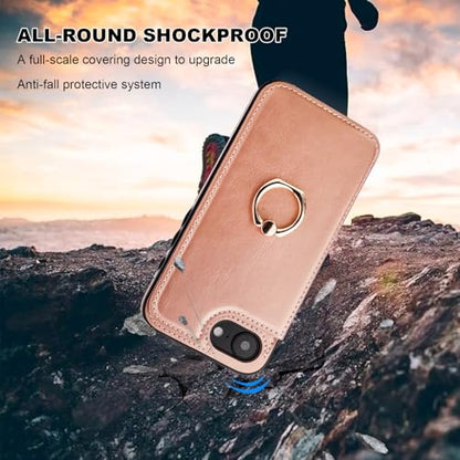 ONETOP for iPhone 17e/16e Wallet Case with Credit Card Holder,Rosegold | 360° Rotation Ring Kickstand,Finger Grip,Double Magnetic Clasp,RFID Blocking PU Leather Shockproof Cover for Women Men - color: Rose Gold