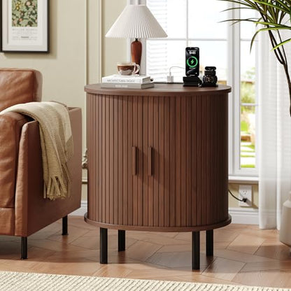 Oval End Table with Charging Station & Sliding Door (1, Walnut) - color: Walnut