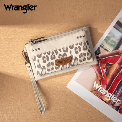 Montana West X Wrangler Large Women's Wallets Card Cases & Money Organizers Western Double Zipper Phone Clutch Wallet for Ladies Female - color: Beige