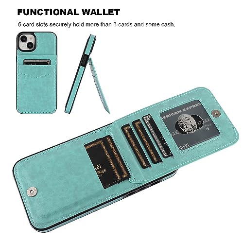 KIHUWEY for iPhone 15 Plus Wallet Case Card Holder Kickstand, Mint Green | Credit Card Slots, PU Leather, Magnetic Clasp, Flip Heavy Duty Protection Cover for Men and Women - color: Mint Green