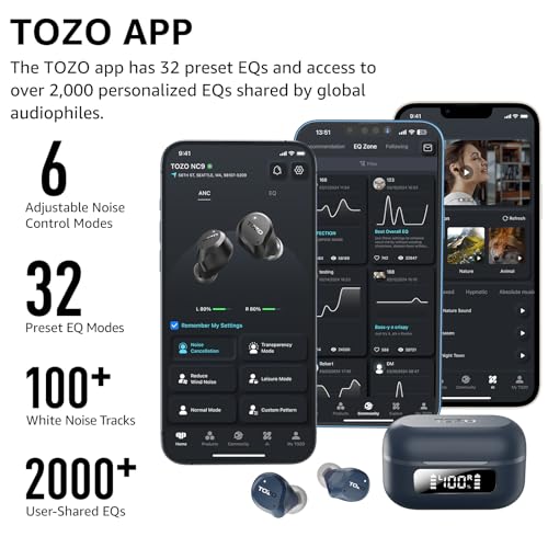 TOZO NC9 Hybrid Active Noise Cancelling Wireless Earbuds, 60H, LED Display - color: Blue